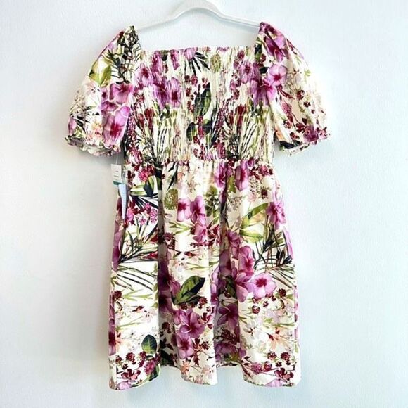 Brand New Gabby Skye Smocked Floral Cotton Poplin Dress Ivory Purple Size 16 - Picture 7 of 15